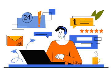 Poster - Customer support web concept. Hotline operator answers customer calls, advises. Man works in tech support and solves problems online. Vector illustration for web page template in flat line design