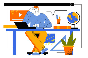 Poster - Online education web concept. Student studies remotely using laptop. Man watches video lectures, learning courses and trainings at home. Vector illustration for web page template in flat line design