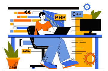 Poster - Programming software web concept. Developer programming in different languages, creates apps, coding, testing. Man works in IT industry. Vector illustration for web page template in flat line design