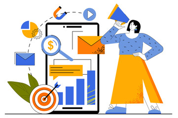 Poster - Mobile marketing web concept. Marketer making advertising campaign in mobile applications, attracting customers online at smartphones. Vector illustration for web page template in flat line design