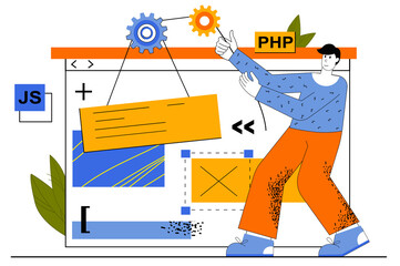 Poster - Web development concept. Developer creates layout of site, programming at different languages, places buttons, navigation elements. Vector illustration for web page template in flat line design