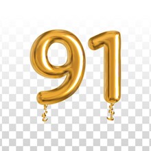 Vector Realistic Isolated Golden Balloon Number Of 91 For Invitation Decoration On The Transparent Background.