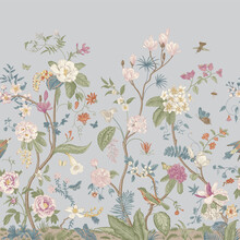 Mural. Bloom. Chinoiserie Inspired. Vintage Floral Illustration. Pastel Colors