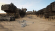 3D rendering of an abandoned ruin of an outpost in the desert of a remote alien planet.
