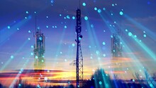 5G Communication Towers With Antennas Create Virtual Radio Beams For Transmitting Information. Double Exposure.