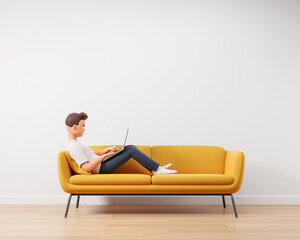 Wall Mural - Cartoon character man lying on the yellow couch at minimal interior and use laptop. Quarantine work at home concept.