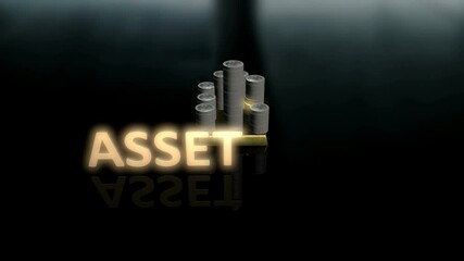 Sticker - Glowing Asset text with background house made up of coin made up of gold and silver with dark background