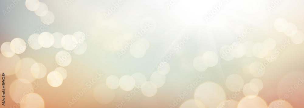 An autumn sunny blue sky with golden orange brown blurred foliage and blurred sun bokeh background. Illustration. - obrazy, fototapety, plakaty 