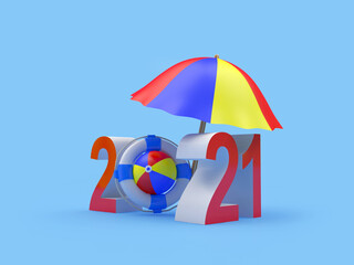 Sticker - Number 2021 with beach accessories on blue. 3d illustration 