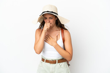 Young caucasian woman wearing a Pamela in summer holidays isolated on white background is suffering with cough and feeling bad