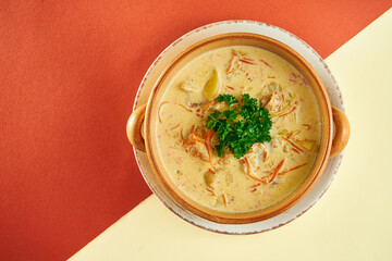 Belgian fish soup with Waterzooi in a clay plate on colored backgrounds