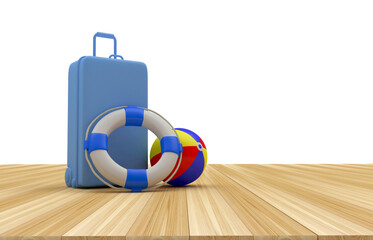 Sticker - Travel suitcase with a beach ball and lifebuoy on a wooden surface. 3d illustration 