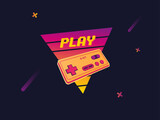 Fototapeta Zachód słońca - Play video games retro illustration with 8 bit video game gamepad and gradient triangle background in retrowave style