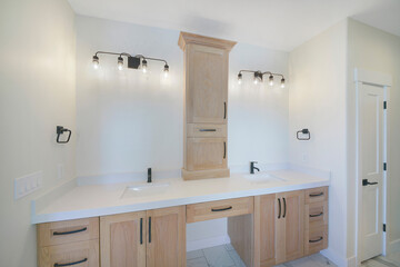 Poster - Modern style white bathroom with wooden shelves and two sinks