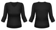 Blank black V-neck 3/4 sleeve t-shirt template. Front and back views. Photo-realistic vector illustration.