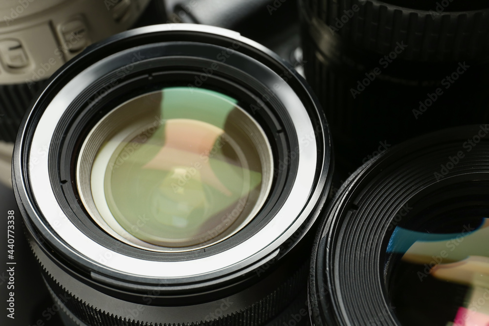 Set of modern camera lenses, closeup