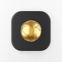 Poster - Golden globe icon in cartoon style. 3d rendering black square button key, interface ui ux element.