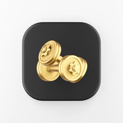 Poster - Gold dumbbells icon. 3d rendering black square button key, interface ui ux element.