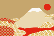 富士山と日の出の太陽が輝いているおめでたい新春の背景イラスト