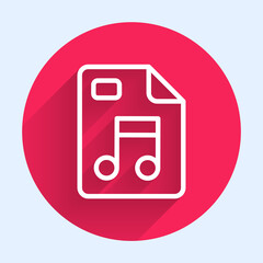 Aufkleber - White line MP3 file document. Download mp3 button icon isolated with long shadow. Mp3 music format sign. MP3 file symbol. Red circle button. Vector
