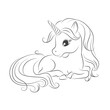 Hand drawn illustration of cute little unicorn. Black and white. Isolated
