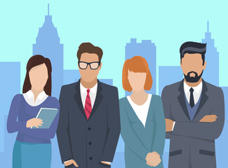 Wall Mural - Business team ready to work. Teamwork. Coworkers characters communication. Team building and business partnership. Businessmen people cooperation collaboration. Office workers clerks standing together