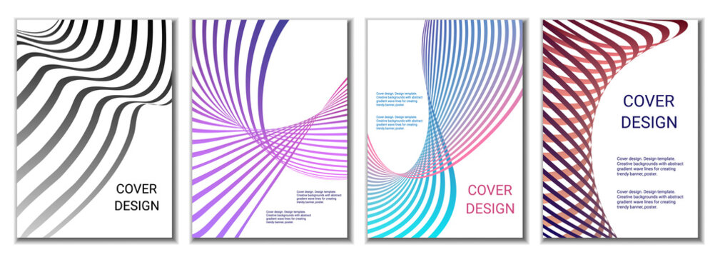 A set of 4 abstract covers. Wavy parallel gradient lines, ribbons evolve. Cover design, background. Trendy banner, poster.