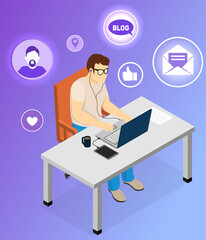 Poster - Social media activities concept. Man at computer leads video blog online. Male blogger working on laptop and exploring social networks. Person ar workplace surrounded by like, email and blog symbols
