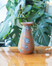 Mid-century Modern Ceramic Vase On Wooden Table With Plants