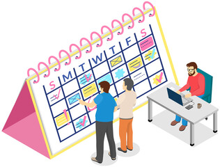 Poster - Project planning, deadline and time management concept. Business team makes office timetable of meetings and events. People analyze plan, schedule. Work schedule planning vector illustration