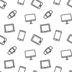 Seamless gadgets and devices pattern. Electronic devices including a laptop, smartphone, mobile phone, monitor. Vector illustration