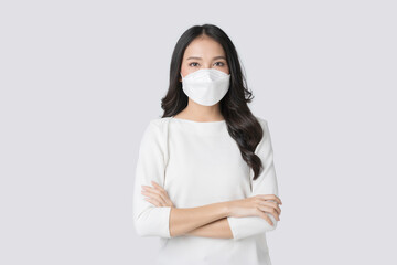 Young Asian woman wearing hygienic mask to prevent infection corona virus Air pollution pm2.5 in isolated on white background