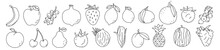 Fruit Sketch. Banana, Pineapple, Pomegranate And Cherry. Strawberry, Lemon, Lime And Mandarin. Watermelon, Apple And Grapes. Black Line Icon Collection. Vector Illustration Set