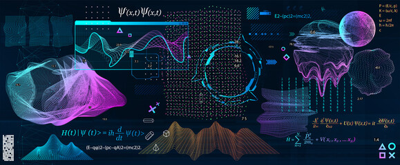 quantum mechanics elements with famous formulas. sci-fi universal elements with hud. big data algori