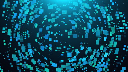 Aufkleber - Geometric round dance 3d render of squares with bright light in center. Futuristic technology cubes various sizes forming circular portal to parallel dimension.