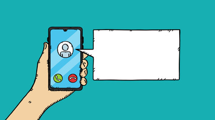 Wall Mural - Colorful cartoon style doodle vector illustration of hand holding mobile phone and speech bubble. 