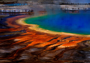 Wall Mural - Grand Prismatic Spring Yellowstone National Park Tourists Viewing Spectacular Scene