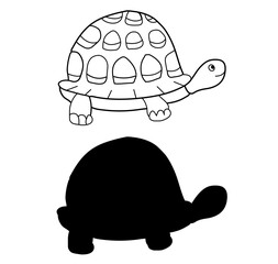 Turtle illustration. Line art. Vector illustration on white background. Two versions, black shape and black and white silhouette. Cut out