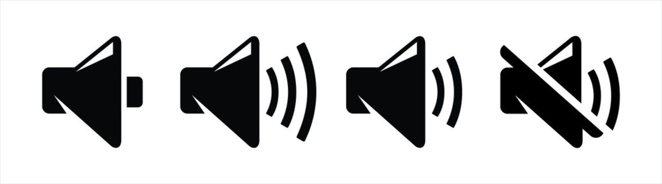 Set of volume icons isolated on white background. Mute and unmute volume sound flat vector icons for video apps and websites. Black volume sound vector illustration.