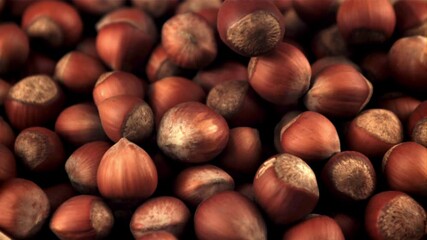 Poster - Super slow motion hazelnut falls into a heap. Macro background. Filmed on a high-speed camera at 1000 fps.