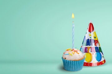 Poster - Birthday cupcake with one birthday candle and  party hat