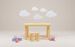 3d illustration of empty kindergarten or kids room with furniture and toys for young children. Modern playroom interior for fun games. Cartoon background with clouds, desk and high chair for education