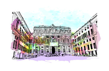 Building view with landmark of Genoa is the 
city in Italy. Watercolor splash with hand drawn sketch illustration in vector.