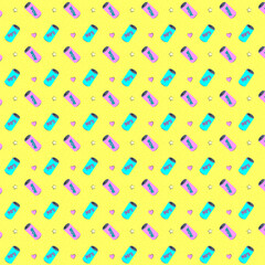 Poster - Seamless pattern with colorful dots. Pattern with colorful pop art objects different bottles. Summer time holiday vector design. Vector neon pop background 80s - 90s.