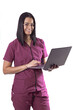 Vertical shot of a cheerful young Hispanic doctor/nurse wearing glasses holding a laptop