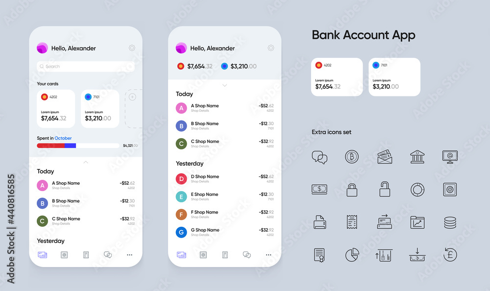 Banking App User Interface (UI) for Smartphones with Extra Set of Icons ...