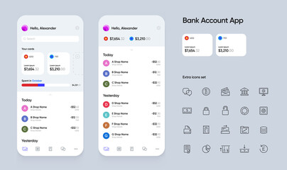 Banking App User Interface (UI) for Smartphones with Extra Set of Icons. Finance Investment Tools. Vector.
