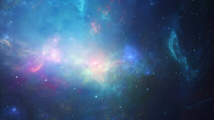 Wall Mural - Space background. Flying through colorful nebula in blue color with stars and sun. Digital painting, tunnel, wormhole, 3D rendering
