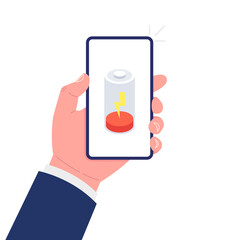 Poster - Smart phone in hand. Low battery. Isolated on white background. Vector.