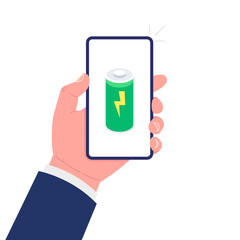 Poster - Smart phone in hand. Full battery. Isolated on white background. Vector.